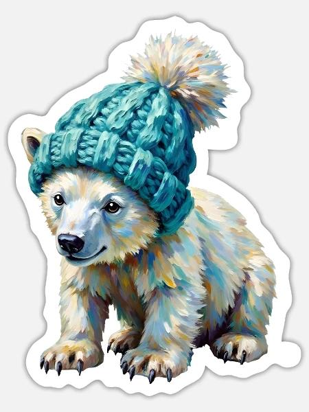 Kleiner Eisbär mit Pompon-Mütze - Sticker Größe S (10 x 10 cm) - Mattweiß