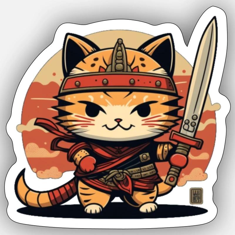 Kawaii Samurai Cat - Sticker taille S (10 x 10 cm) - blanc mat
