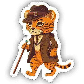 Tigre avec chapeau et bâton de marche - Sticker taille S (10 x 10 cm) - blanc mat - Devant