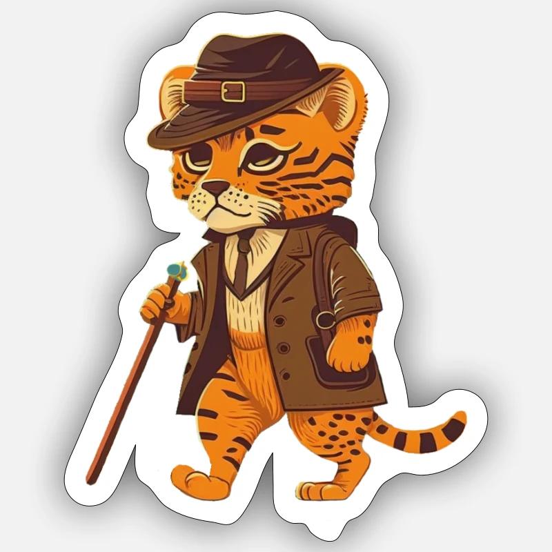 Tiger mit Hut und Gehstab Sticker Größe S (10 x 10 cm)
