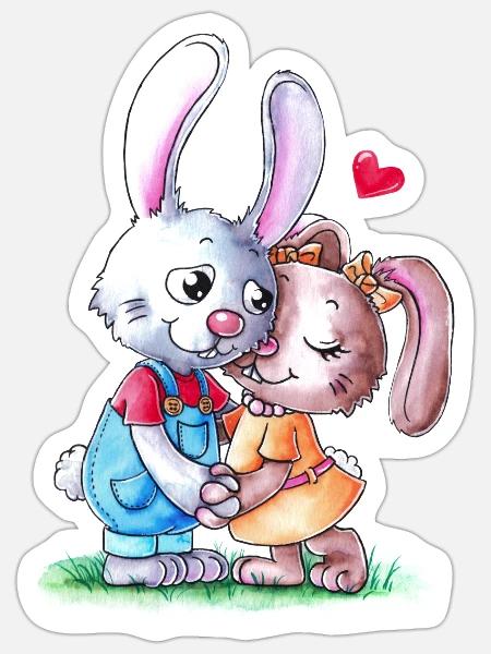 Süßes Comic Osterhasen Paar - Sticker Größe S (10 x 10 cm) - Mattweiß