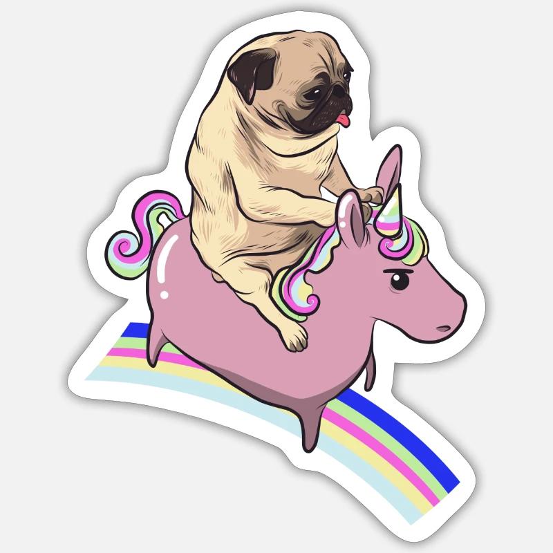 Mops reitet auf einem Einhorn Sticker Größe S (10 x 10 cm)