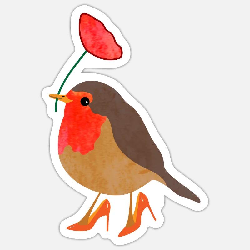 Rotkehlchen mit Mohnblume - Sticker Größe S (10 x 10 cm) - Mattweiß