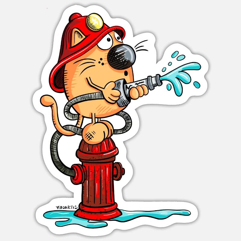 Pompier Chat - Sticker taille S (10 x 10 cm) - blanc mat