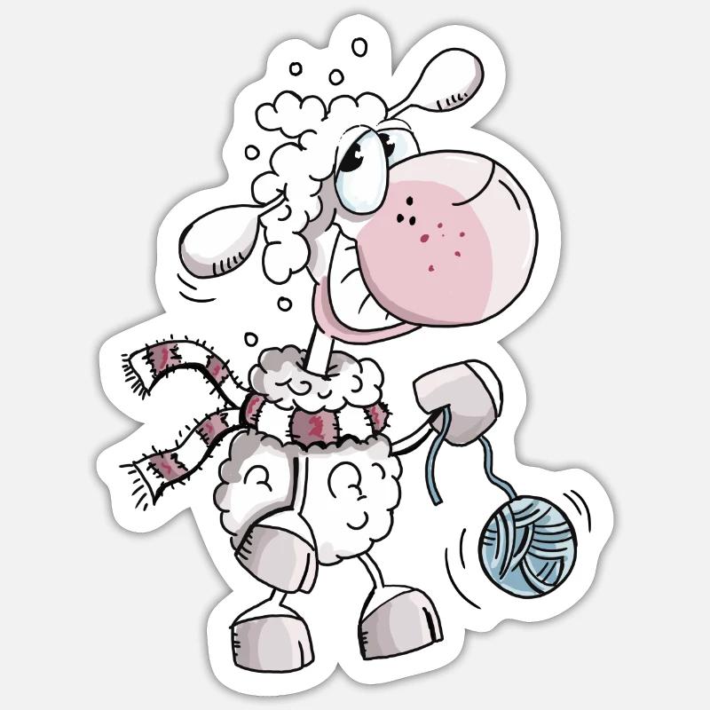 Schaf mit Wollknäuel - Schafe - Schäfchen - Comic - Sticker Größe S (10 x 10 cm) - Mattweiß