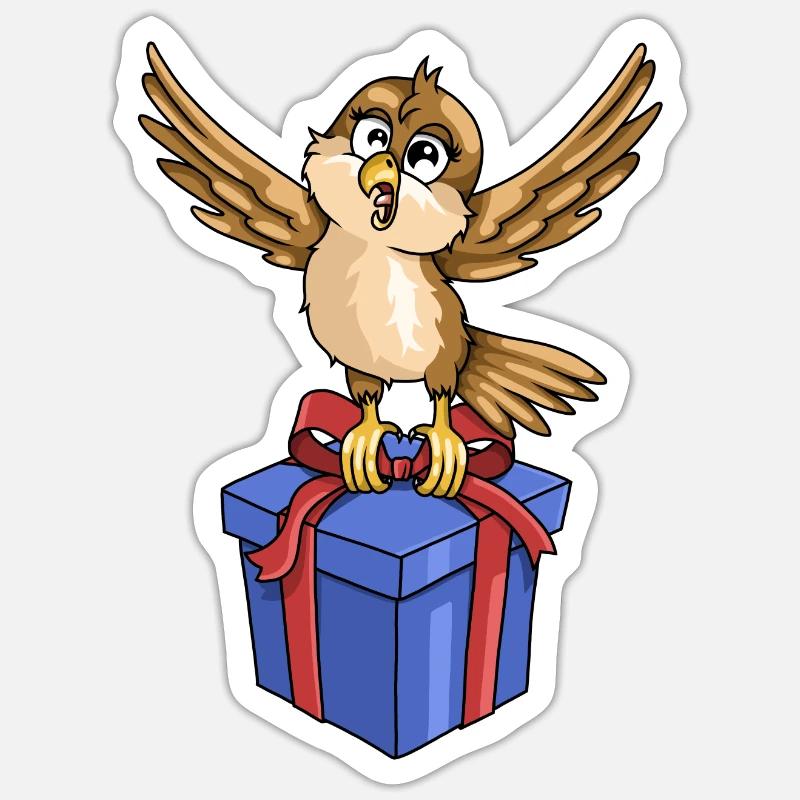 Lustiger Vogel mit Geschenk - Sticker Größe S (10 x 10 cm) - Mattweiß