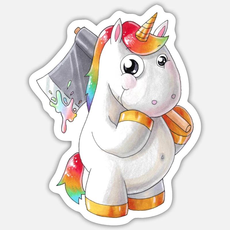 Comic Einhorn mit Axt Sticker Größe S (10 x 10 cm)