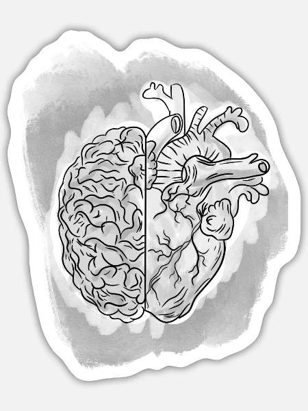 Mit Herz und Hirn grau - Sticker Größe S (10 x 10 cm) - Mattweiß
