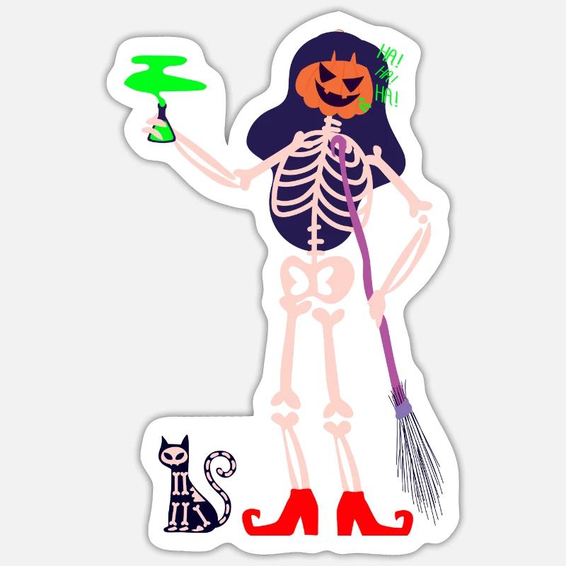 Squelette de sorcière avec potion toxique et chat crâne - Sticker taille S (10 x 10 cm) - blanc mat