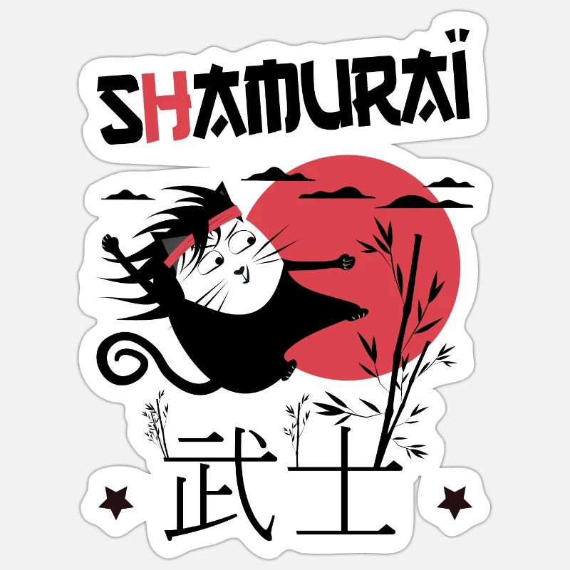 Shamuraï Cat Fighter, Drôle de Chat Noir Samuraï - Sticker taille S (10 x 10 cm) - blanc mat