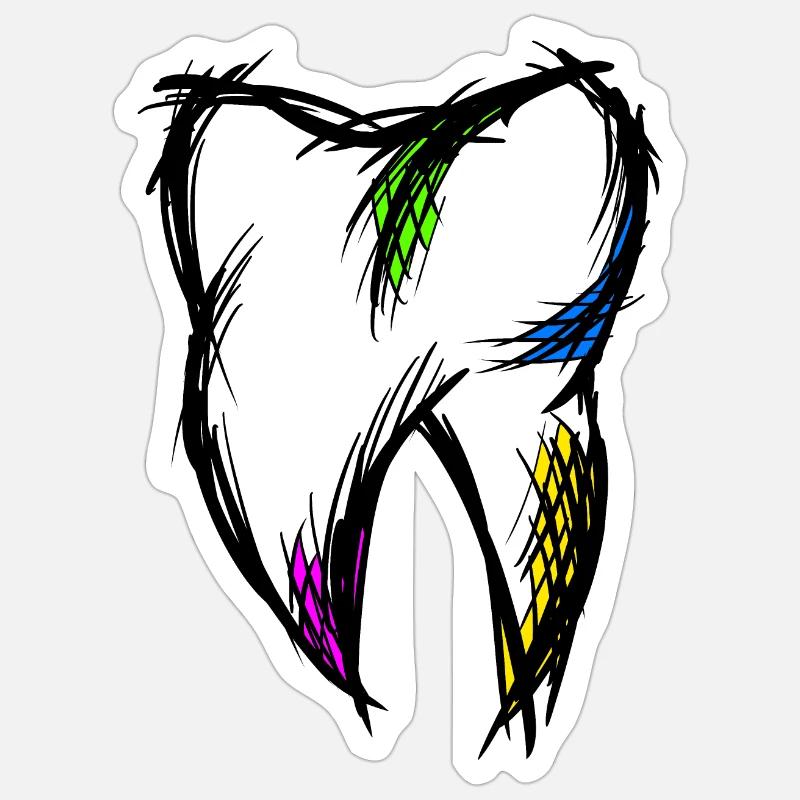 Dent colorée, dessin, dessinée à la main. - Sticker taille S (10 x 10 cm) - blanc mat