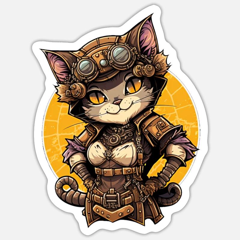 Chat Steampunk - Sticker taille S (10 x 10 cm) - blanc mat