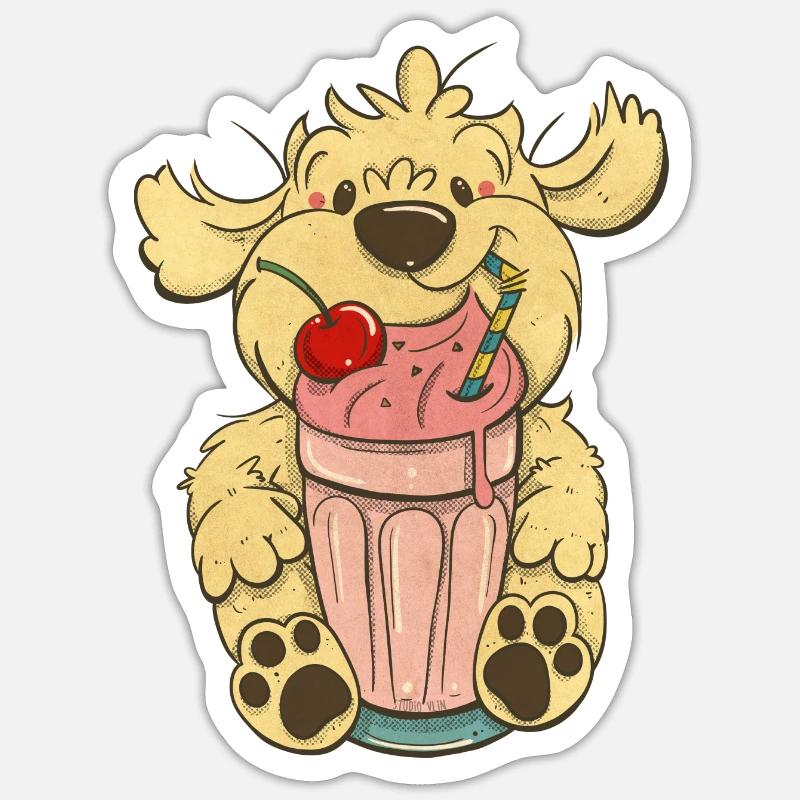 Cockapoo Thor avec milkshake rose - Sticker taille S (10 x 10 cm) - blanc mat