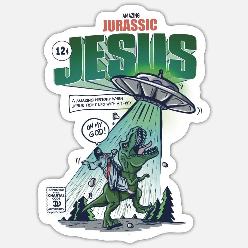 Dinosaur Jesus vs ufo - Sticker taille S (10 x 10 cm) - blanc mat