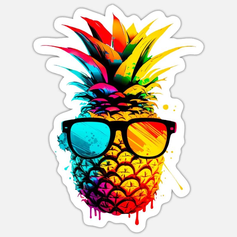 Bunte funky Ananas - Sticker Größe S (10 x 10 cm) - Mattweiß