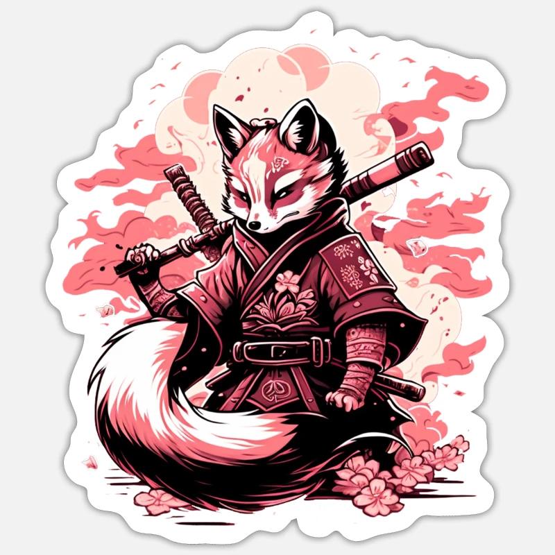 Renard samouraï - Sticker taille S (10 x 10 cm) - blanc mat
