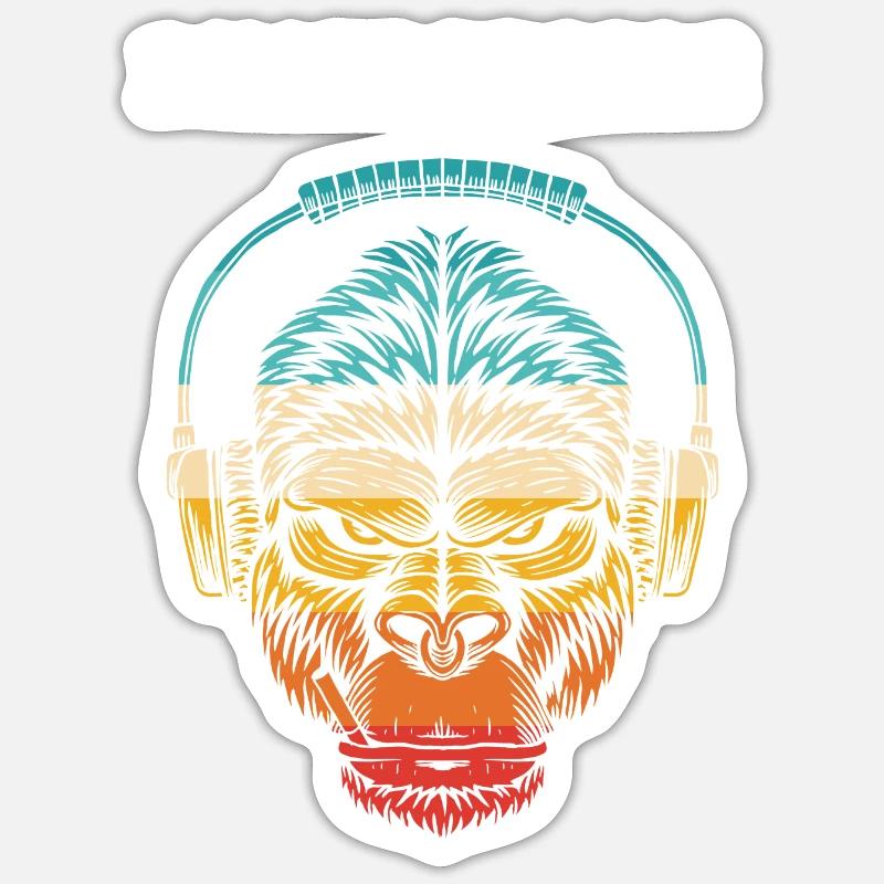 Gorilla Kopfhörer Regenbogen - Sticker Größe S (10 x 10 cm) - Mattweiß
