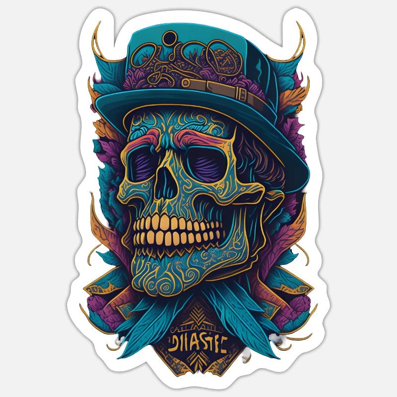 Skelett Totenkopf mit Hut und Blumen Cool Comic - Sticker Größe S (10 x 10 cm) - Mattweiß
