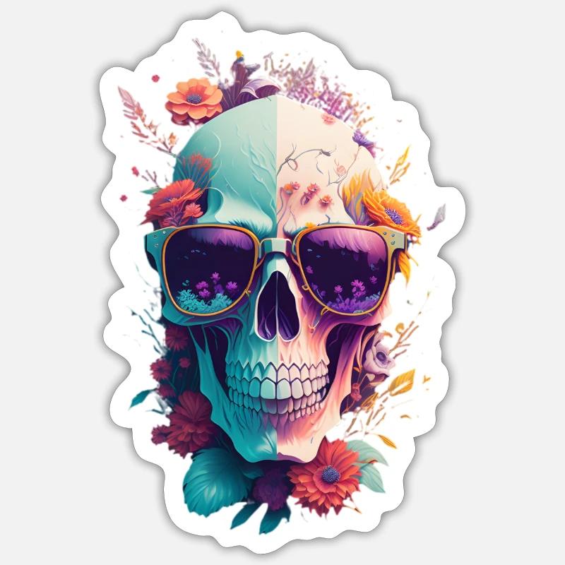 Crâne avec des fleurs - Sticker taille S (10 x 10 cm) - blanc mat