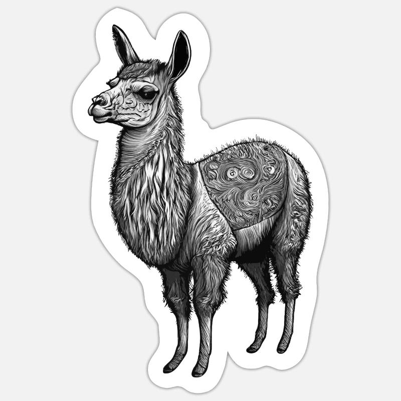 Black and White Llama Drawing with Patterns Sticker size S (10 x 10 cm)