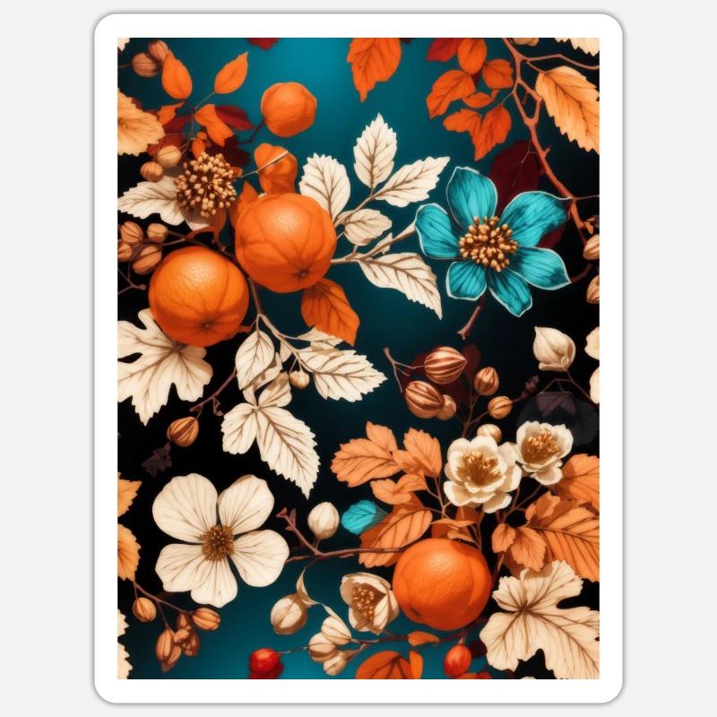 Fleurs d’automne avec mandarines et noix - Sticker taille S (10 x 10 cm) - blanc mat