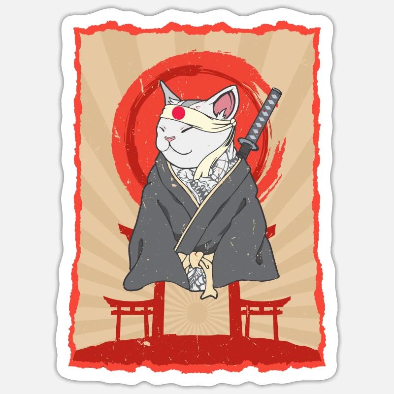 Samurai Japon Chat Torii Ninja Anime Cat - Sticker taille S (10 x 10 cm) - blanc mat