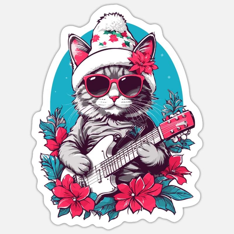 Chat mignon avec guitare - Sticker taille S (10 x 10 cm) - blanc mat