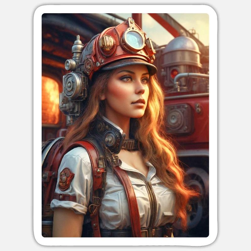 Femme pompier steampunk 1.12 - Sticker taille S (10 x 10 cm) - blanc mat