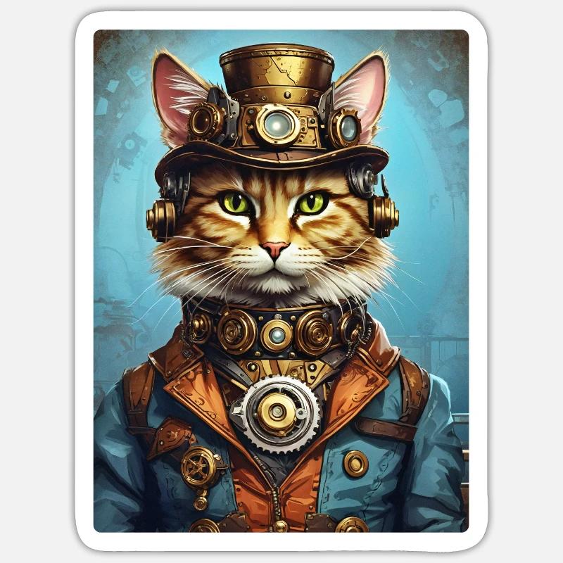 Steampunk Katze 1.6 - Sticker Größe S (10 x 10 cm) - Mattweiß