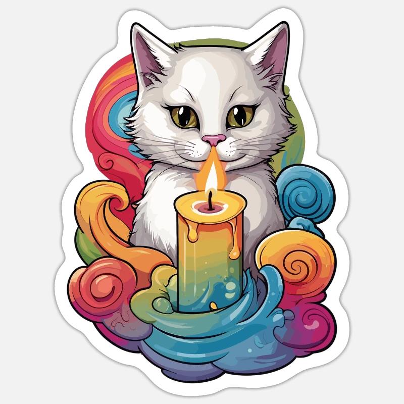 Chat avec bougie - Sticker taille S (10 x 10 cm) - blanc mat