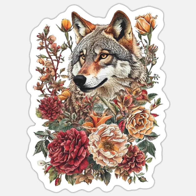 Loup et fleurs - Sticker taille S (10 x 10 cm) - blanc mat
