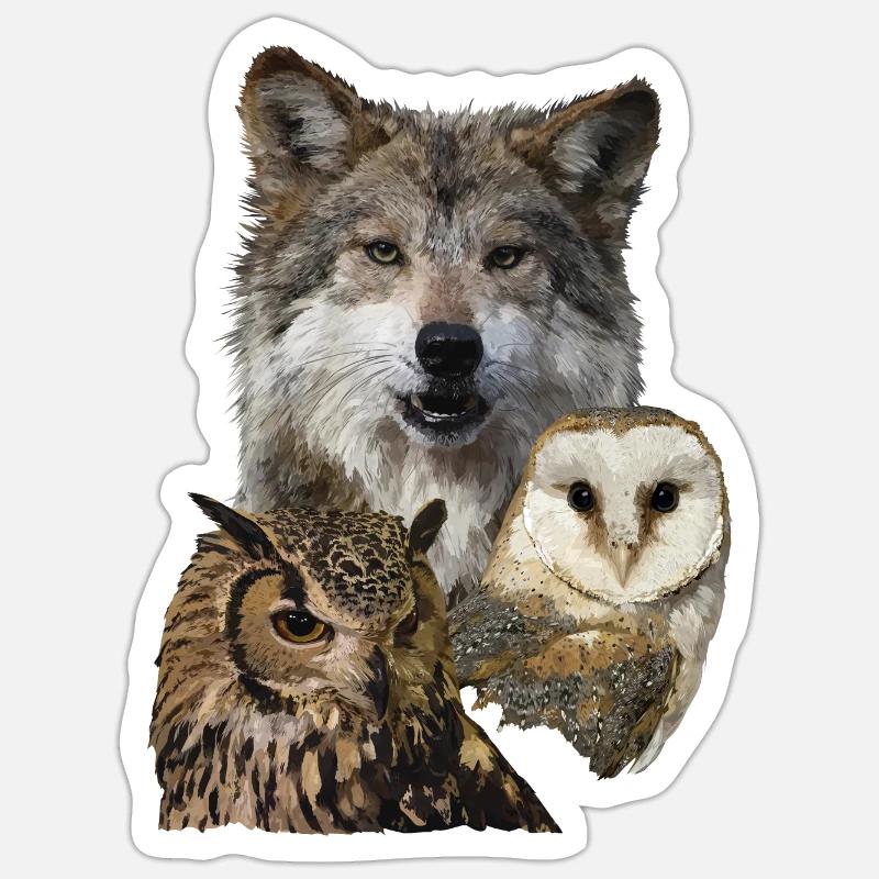 Wolf und Eulen - Sticker Größe S (10 x 10 cm) - Mattweiß