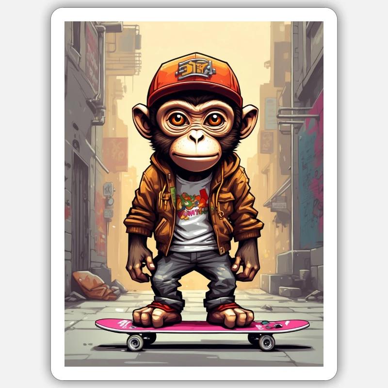 Comic Affe auf Skateboard Sticker Größe S (10 x 10 cm)