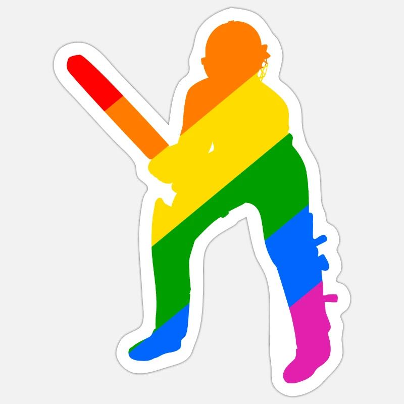 Schlagmann im Cricket Regenbogen - Sticker Größe S (10 x 10 cm) - Mattweiß