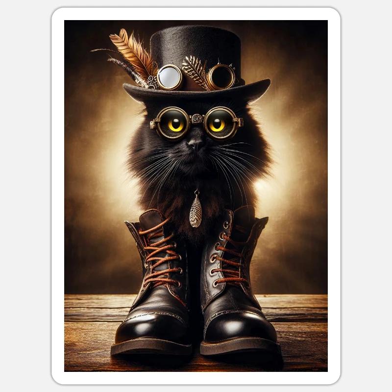 Chat noir Steampunk avec accessoires élégants Sticker taille S (10 x 10 cm)