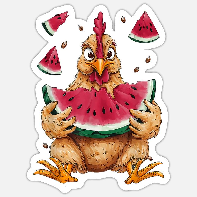 Poulet mignon mangeant des fruits de pastèque d’été Sticker taille S (10 x 10 cm)