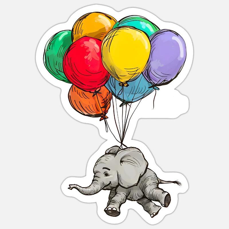 Elefant schwebt mit Bunten Luftballons - Sticker Größe S (10 x 10 cm) - Mattweiß