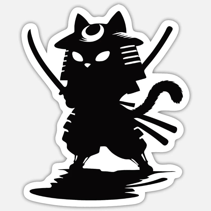 Drôle de chat samouraï - Sticker taille S (10 x 10 cm) - blanc mat