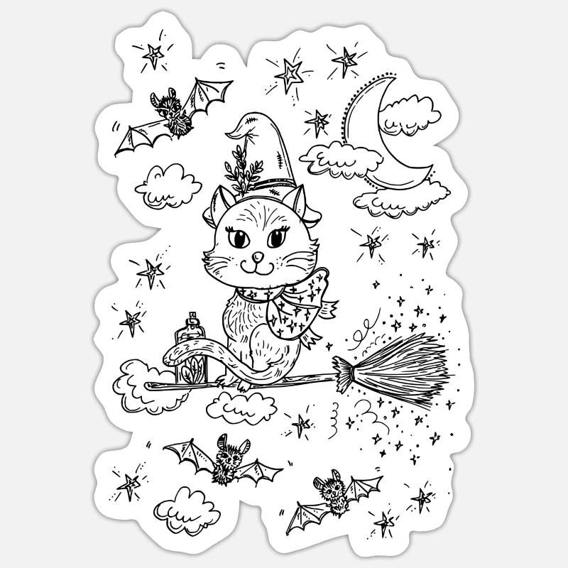 Balai magique chat sorcière - Sticker taille S (10 x 10 cm) - blanc mat