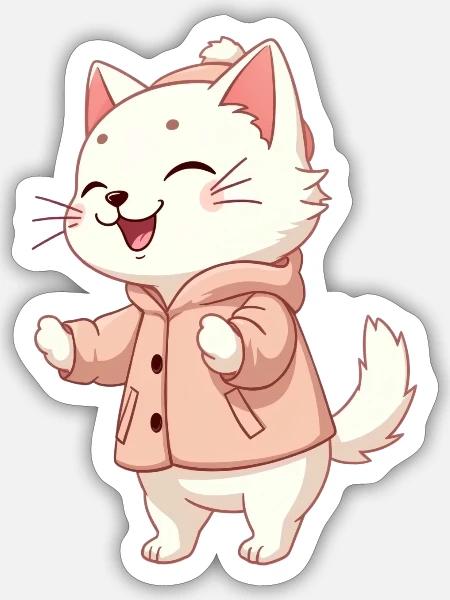 Süße weiße Katze mit Jacke und Mütze im Winterlook - Sticker Größe S (10 x 10 cm) - Mattweiß