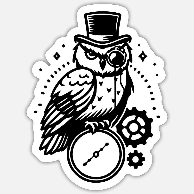 Steampunk owl and clock design - Sticker size S (10 x 10 cm) - white matte