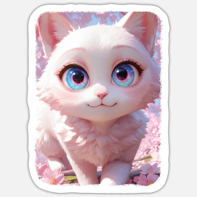 Adorable chat dans un champ de fleur de cerisier - Sticker taille S (10 x 10 cm) - blanc mat