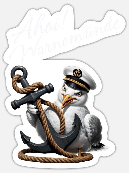Ahoi Warnemünde ! Lustige Möwe mit Anker - Sticker Größe S (10 x 10 cm) - Mattweiß