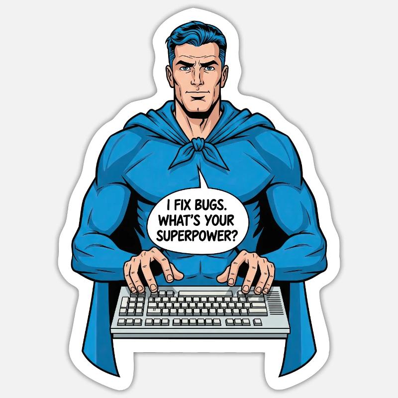 Superheld: Ich fixiere Bugs! Sticker Größe S (10 x 10 cm)