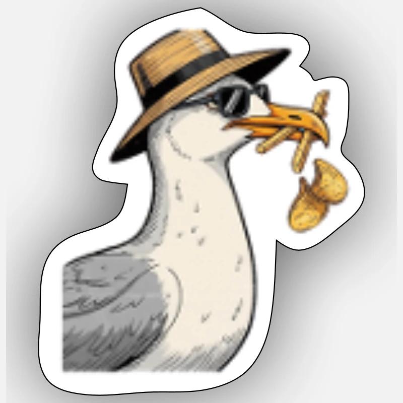 Funny seagull stealing chips Sticker size S (10 x 10 cm)
