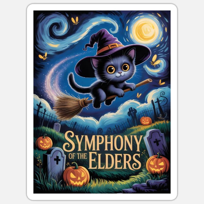 Witch Kitten Flying Over Halloween Graveyard Sticker size S (10 x 10 cm)