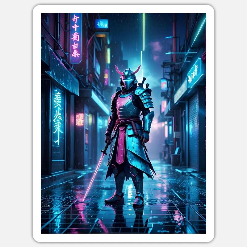 Néon Samouraï de la Nuit - Sticker taille S (10 x 10 cm) - blanc mat