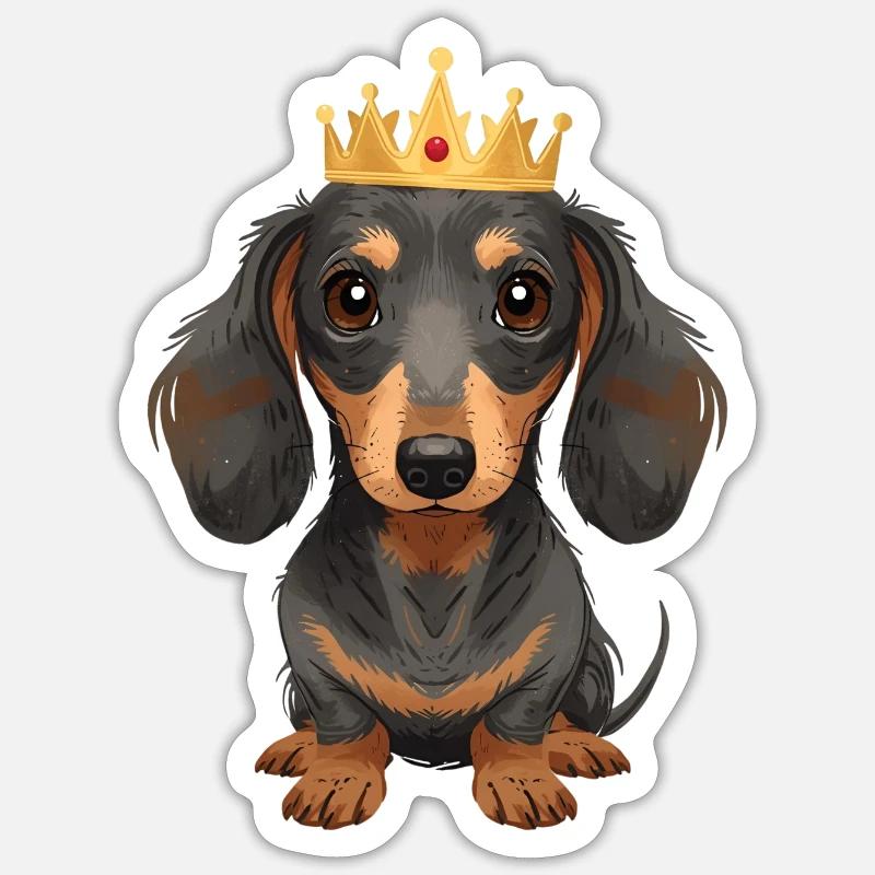 Petit teckel avec couronne design mignon - Sticker taille S (10 x 10 cm) - blanc mat