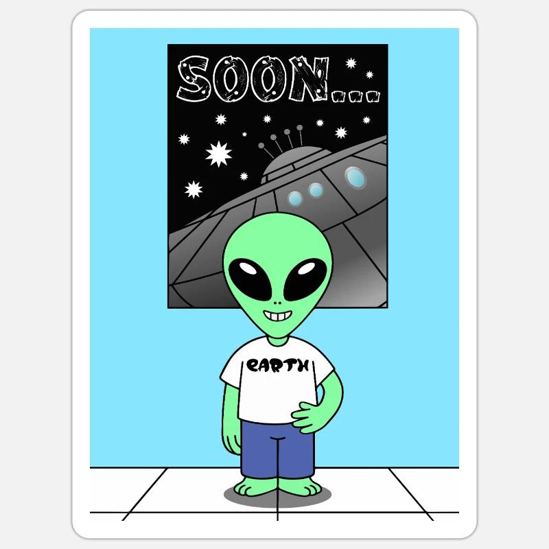 Alien devant le vaisseau spatial Terre Sticker taille S (10 x 10 cm)