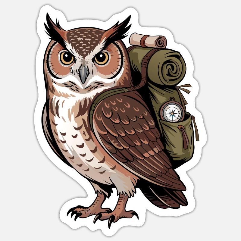 Wandernde Eule mit Rucksack - Sticker Größe S (10 x 10 cm) - Mattweiß